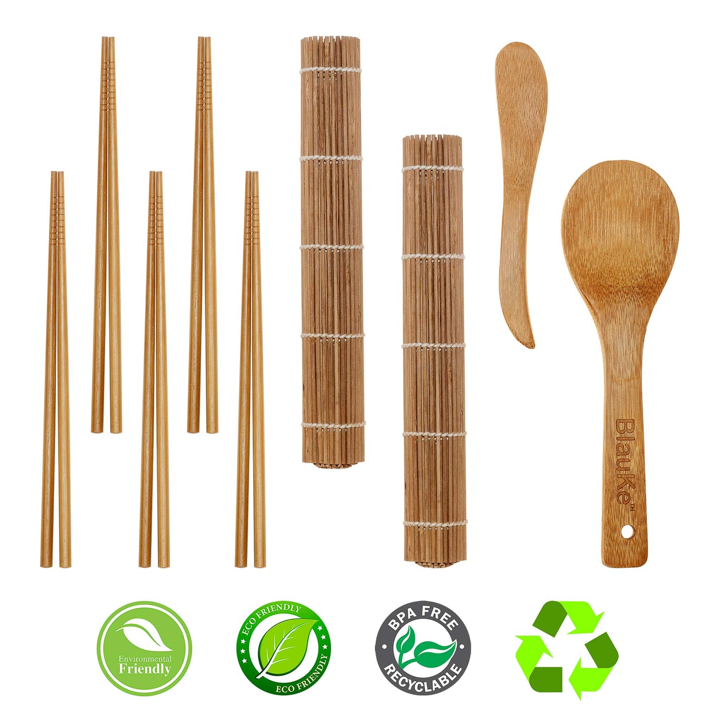 Bamboo Sushi Making Kit with 2 Sushi Rolling Mats, 5 Pairs of Reusable